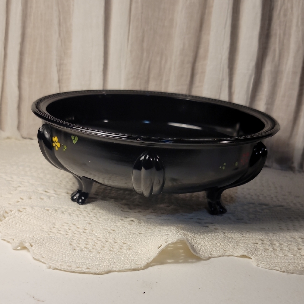 L.E. Smith Black Amethyst Milk Glass Hand Painted Footed Bowl